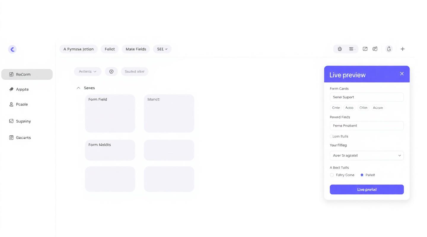 Preview of the Forms drag-and-drop builder showing form fields and a live preview panel